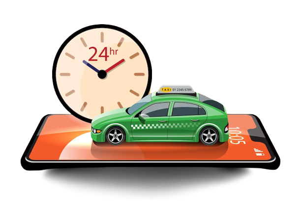 “Green taxi on a smartphone with a 24-hour clock, representing round-the-clock taxi booking service.”